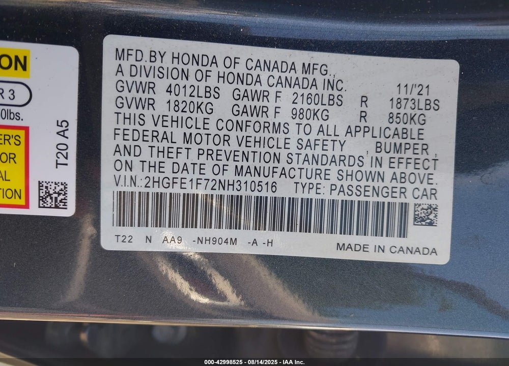 2022 HONDA CIVIC VIN: 2HGFE1F72NH310516
