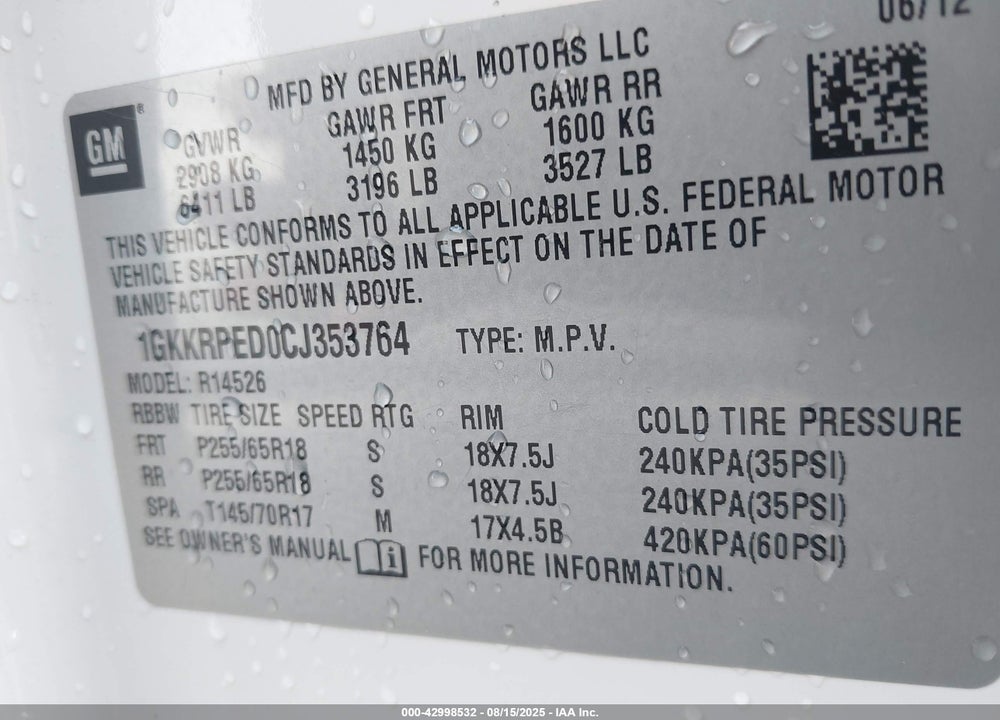 2012 GMC ACADIA VIN: 1GKKRPED0CJ353764