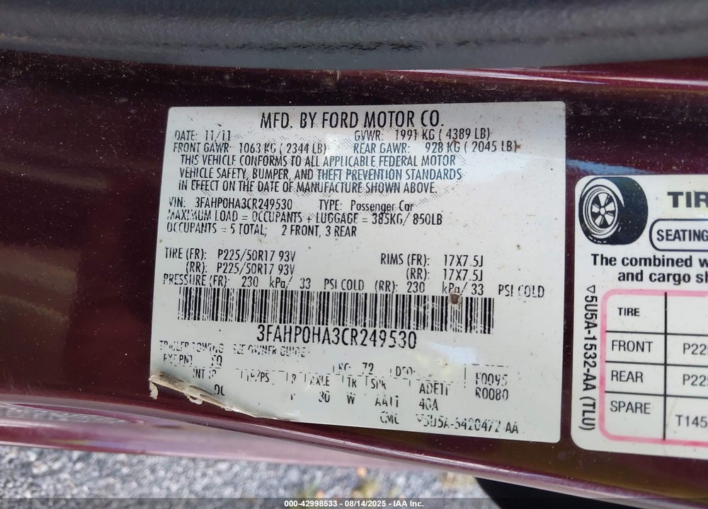 2012 FORD FUSION VIN: 3FAHP0HA3CR249530
