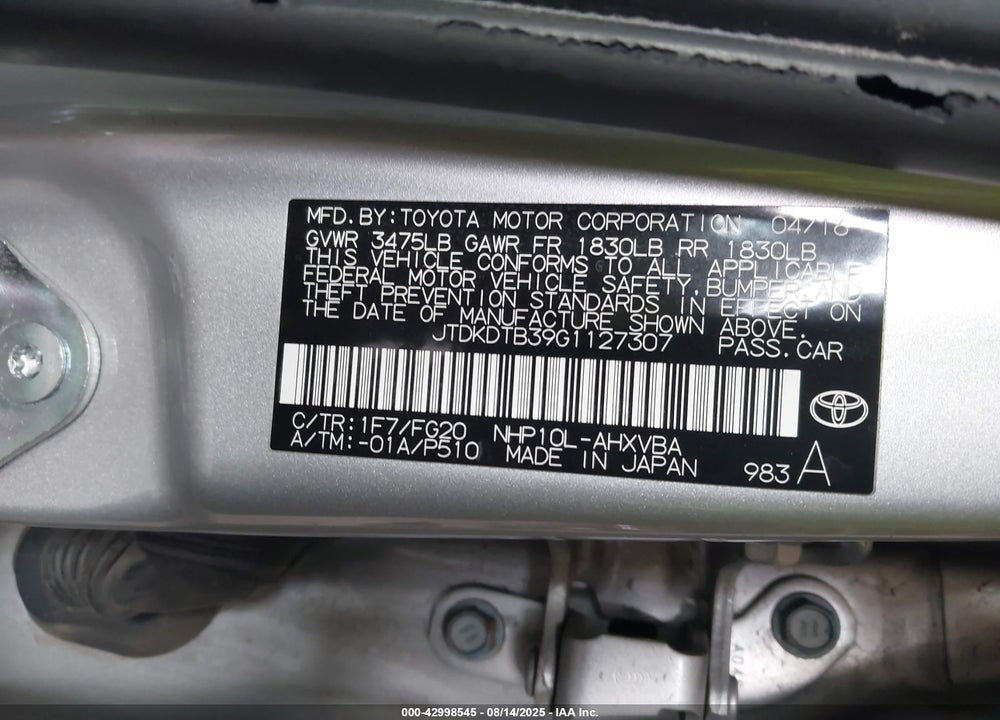 2016 TOYOTA PRIUS C VIN: JTDKDTB39G1127307