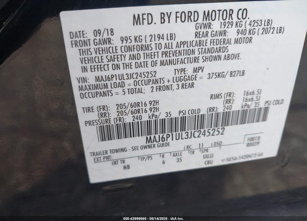 2018 FORD ECOSPORT VIN: MAJ6P1UL3JC245252