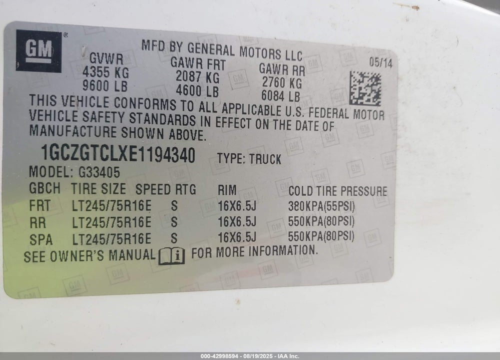 2014 CHEVROLET EXPRESS 3500 DIESEL VIN: 1GCZGTCLXE1194340