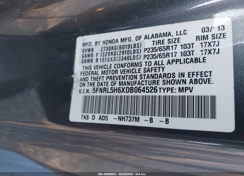 2013 HONDA ODYSSEY EX-L VIN: 5FNRL5H6XDB064526