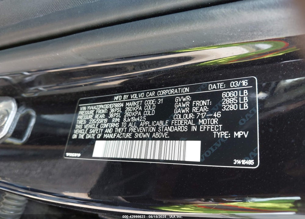 2016 VOLVO XC90 VIN: YV4A22PK0G1078894