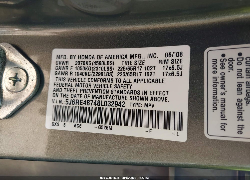 2008 HONDA CR-V EX-L VIN: 5J6RE48748L032942