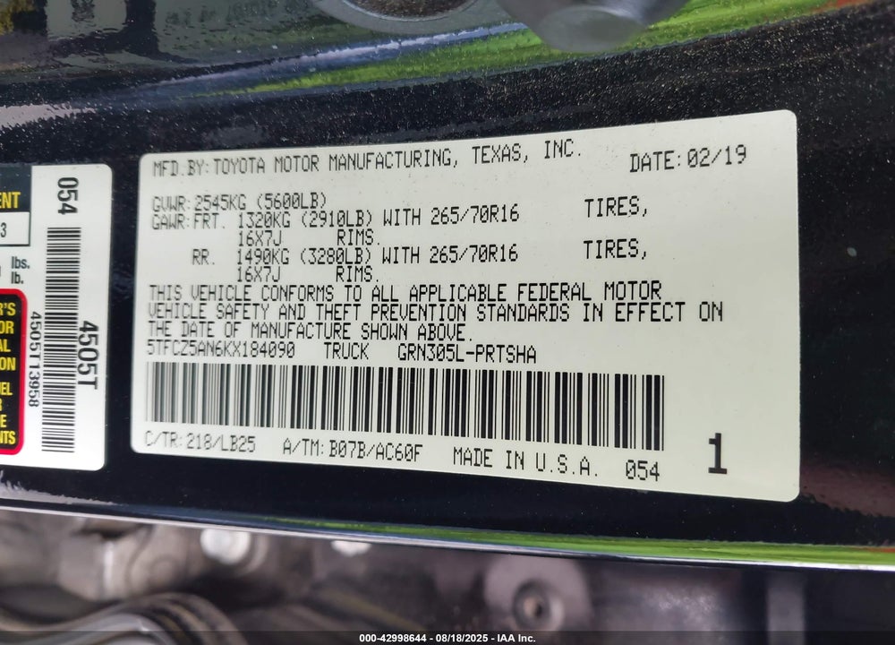 2019 TOYOTA TACOMA TRD PRO VIN: 5TFCZ5AN6KX184090