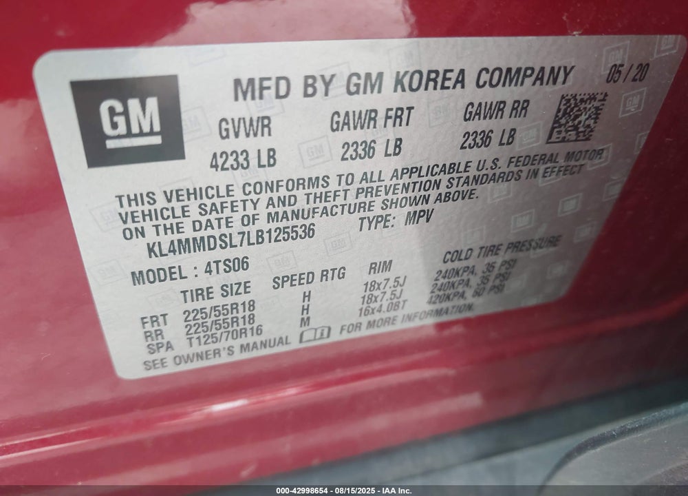 2020 BUICK ENCORE GX VIN: KL4MMDSL7LB125536