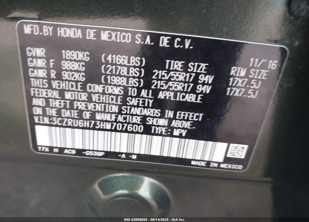 2017 HONDA HR-V VIN: 3CZRU6H73HM707600