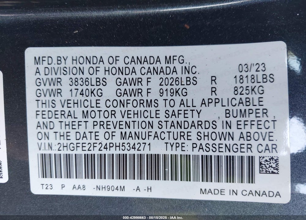 2023 HONDA CIVIC LX VIN: 2HGFE2F24PH534271
