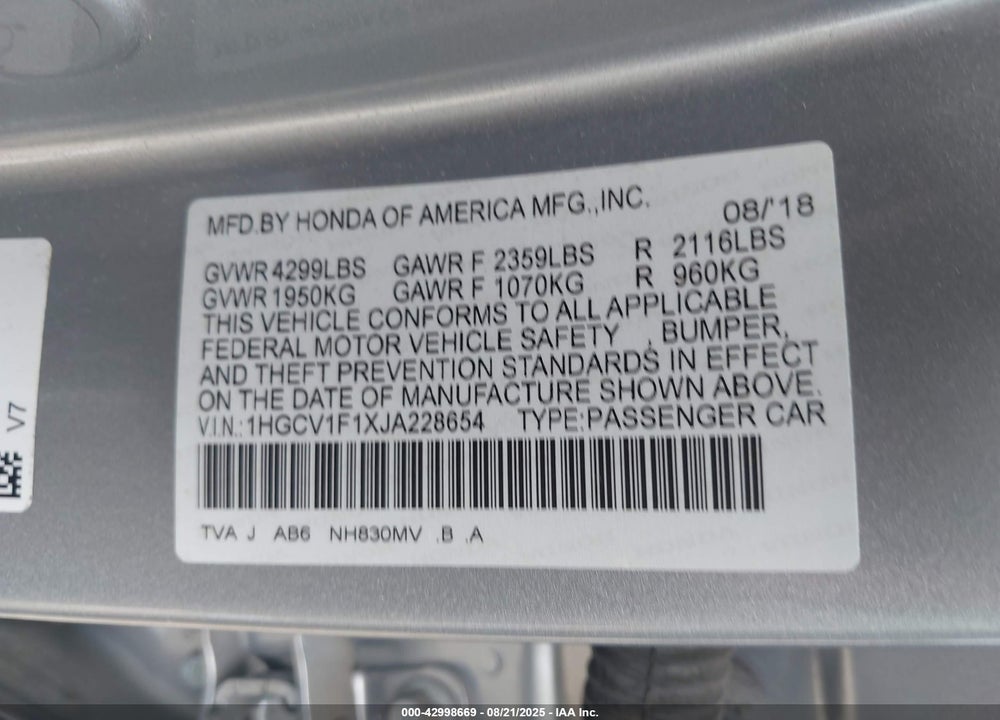 2018 HONDA ACCORD VIN: 1HGCV1F1XJA228654