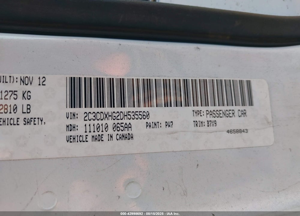 2013 DODGE CHARGER VIN: 2C3CDXHG2DH535560
