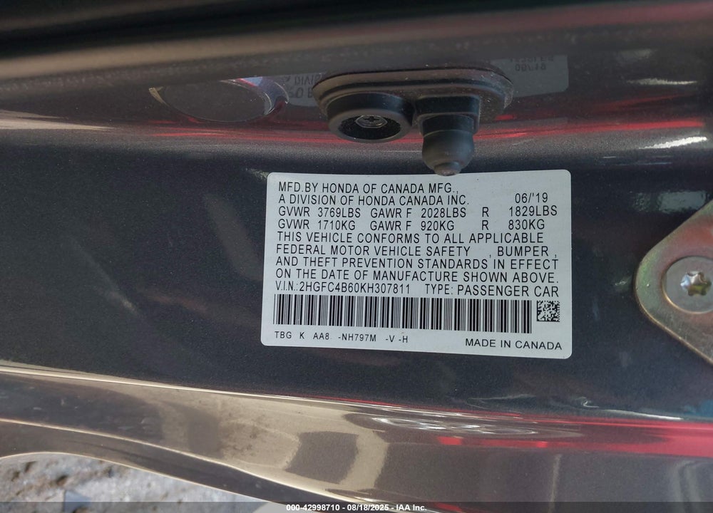 2019 HONDA CIVIC VIN: 2HGFC4B60KH307811