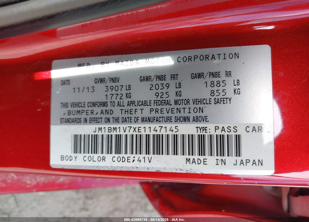 2014 MAZDA 3 VIN: JM1BM1V7XE1147145