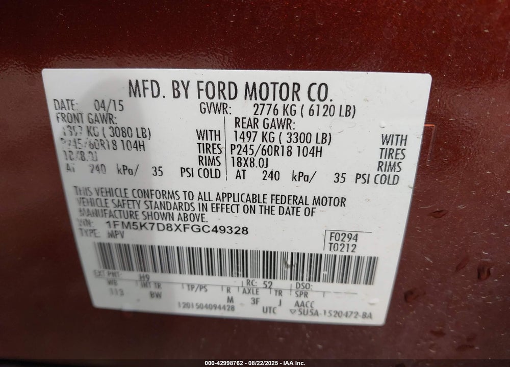 2015 FORD EXPLORER VIN: 1FM5K7D8XFGC49328