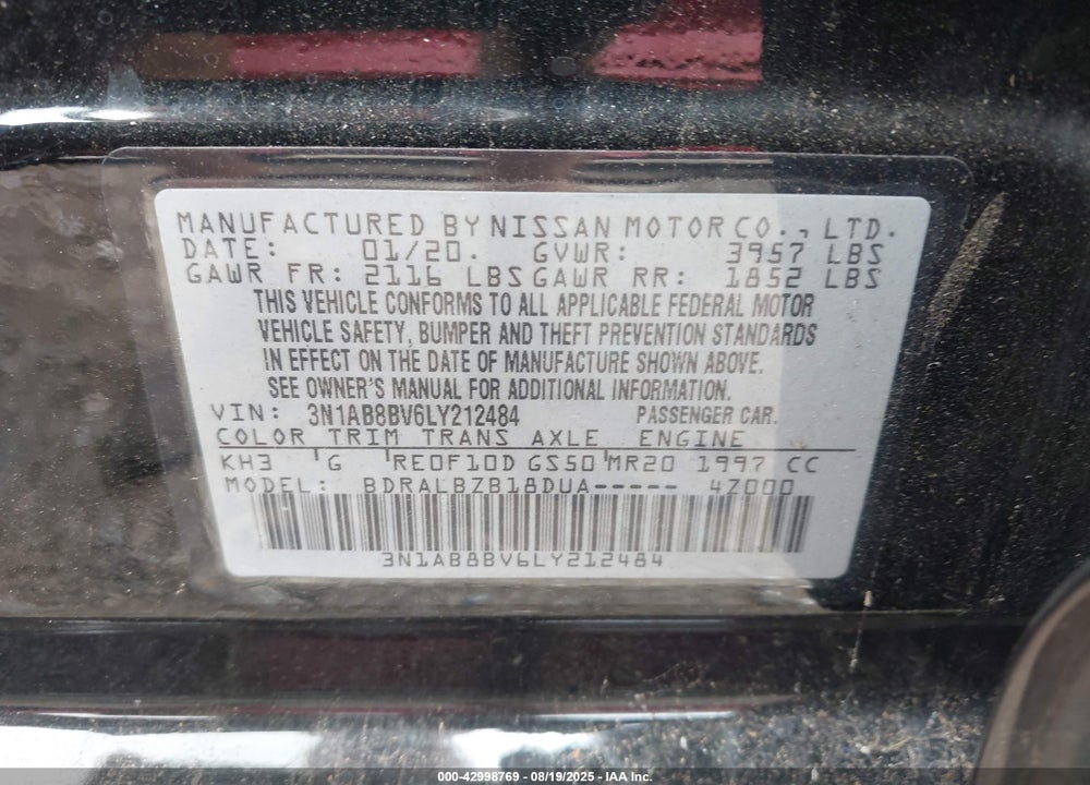 2020 NISSAN SENTRA VIN: 3N1AB8BV6LY212484