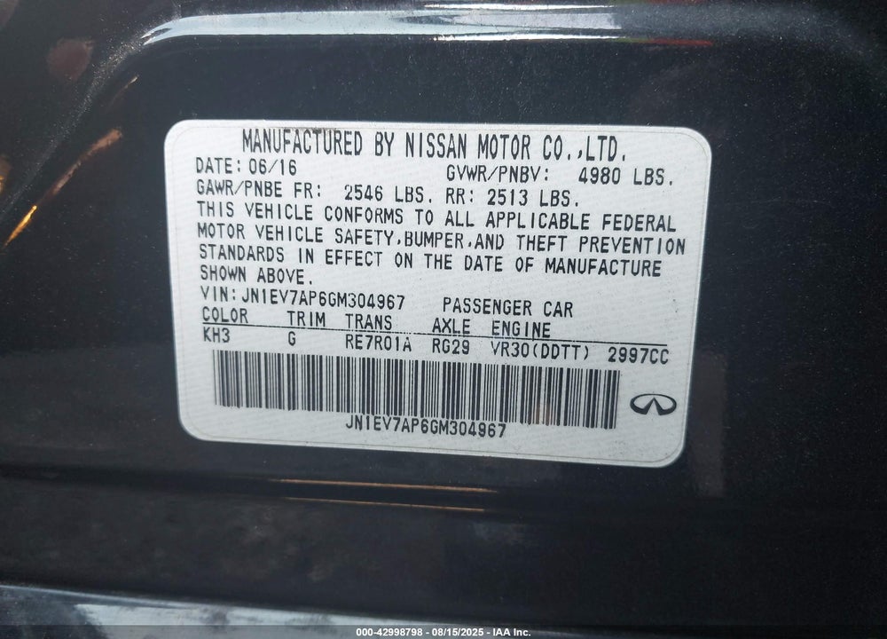 2016 INFINITI Q50 VIN: JN1EV7AP6GM304967