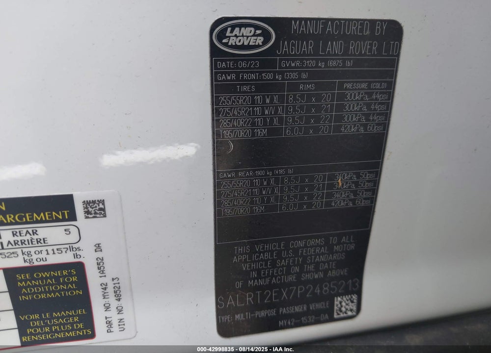 2023 LAND ROVER DISCOVERY VIN: SALRT2EX7P2485213