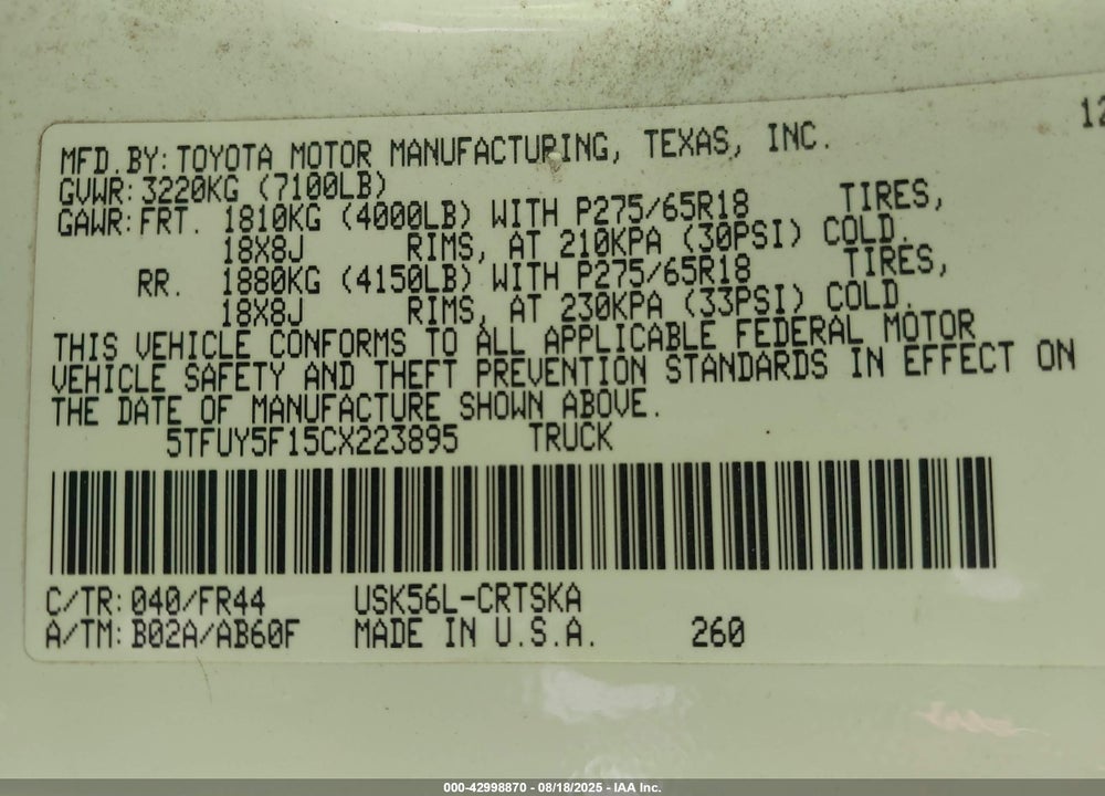 2012 TOYOTA TUNDRA VIN: 5TFUY5F15CX223895