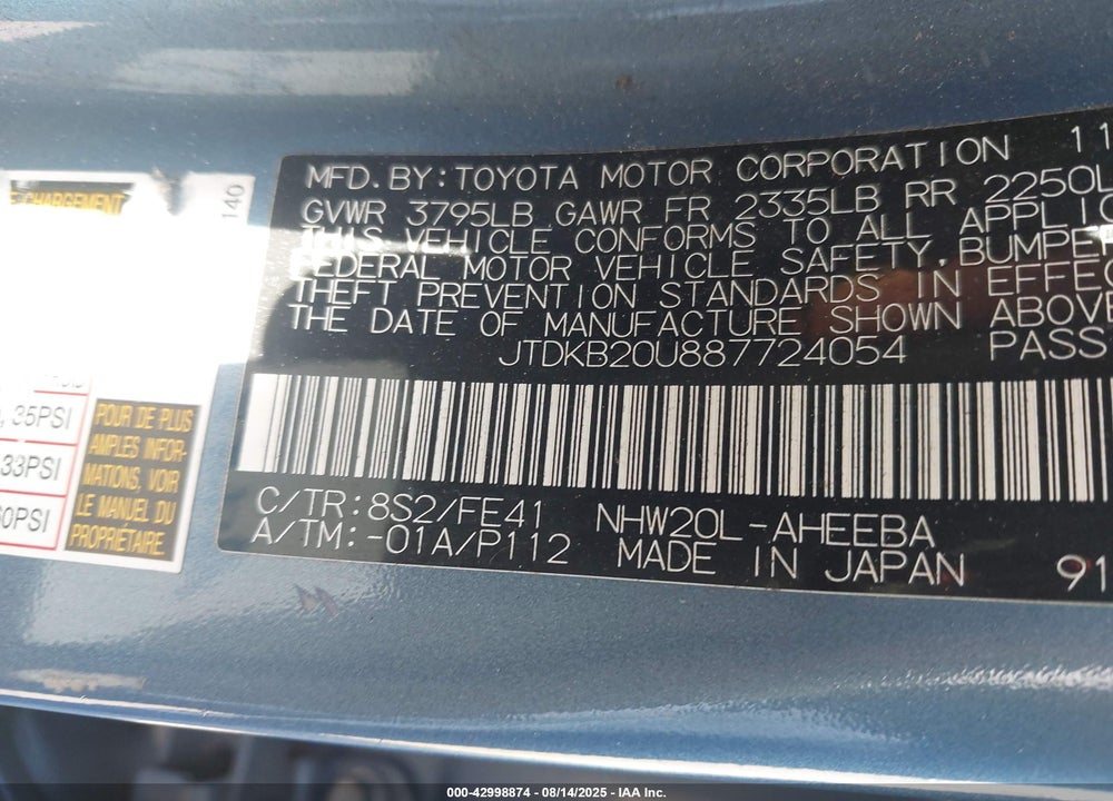 2008 TOYOTA PRIUS VIN: JTDKB20U887724054