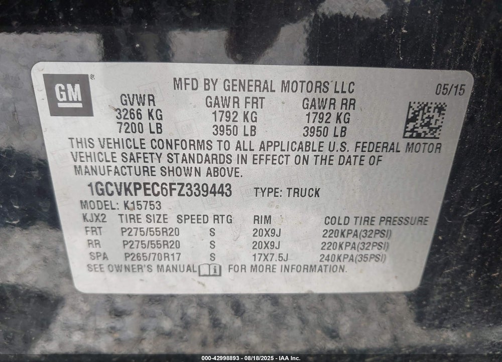 2015 CHEVROLET SILVERADO 1500 VIN: 1GCVKPEC6FZ339443
