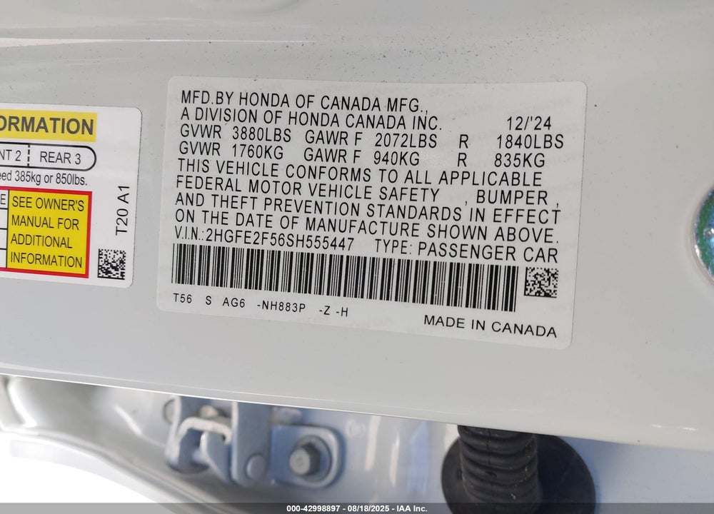 2025 HONDA CIVIC VIN: 2HGFE2F56SH555447