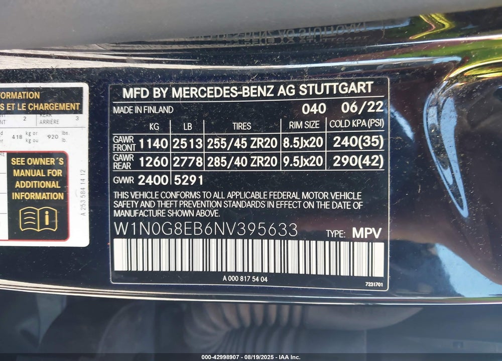 2022 MERCEDES-BENZ GLC CLASS VIN: W1N0G8EB6NV395633