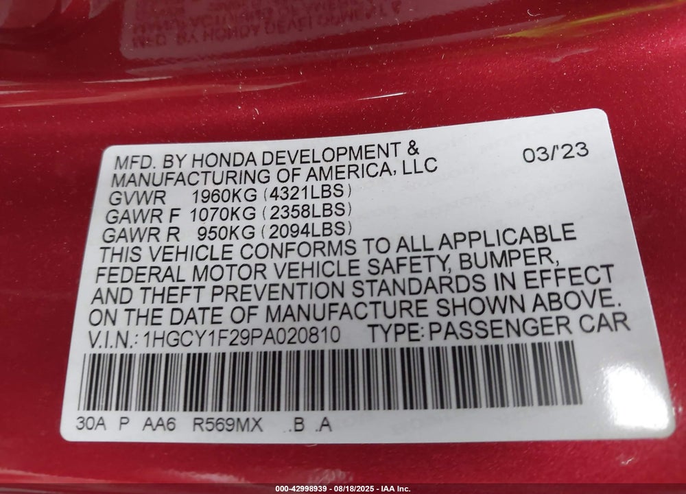 2023 HONDA ACCORD VIN: 1HGCY1F29PA020810