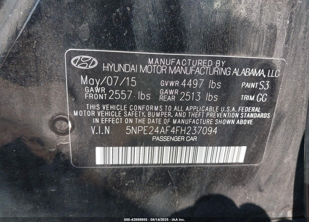 2015 HYUNDAI SONATA SE VIN: 5NPE24AF4FH237094