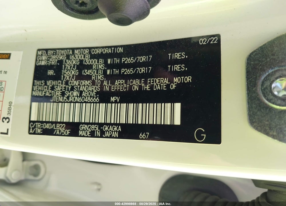 2022 TOYOTA 4RUNNER VIN: JTENU5JR0N6048666