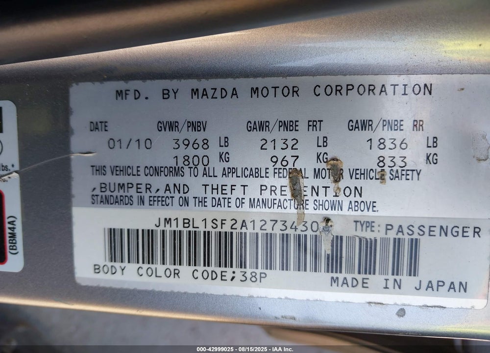 2010 MAZDA 3 I VIN: JM1BL1SF2A1273430