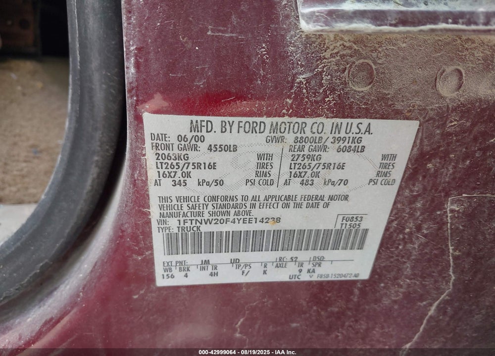 2000 FORD F-250 LARIAT/XL/XLT VIN: 1FTNW20F4YEE14238