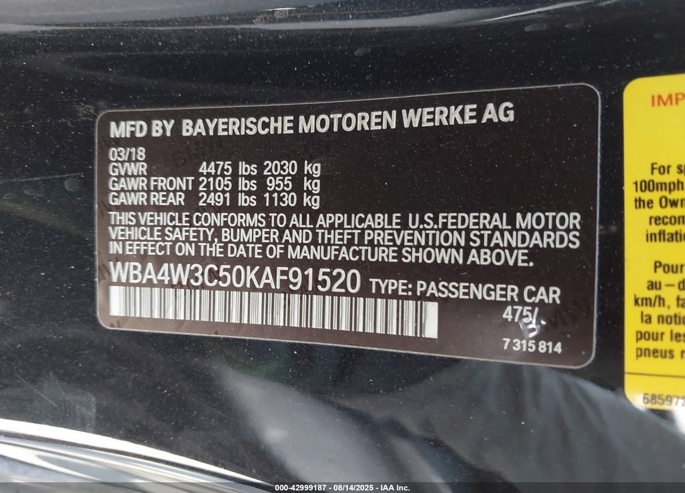 2019 BMW 4 SERIES VIN: WBA4W3C50KAF91520
