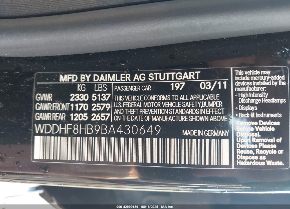 2011 MERCEDES-BENZ E-CLASS VIN: WDDHF8HB9BA430649