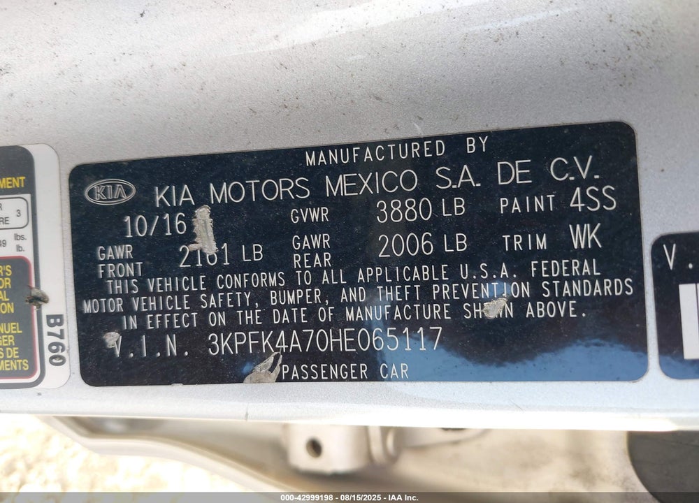 2017 KIA FORTE VIN: 3KPFK4A70HE065117