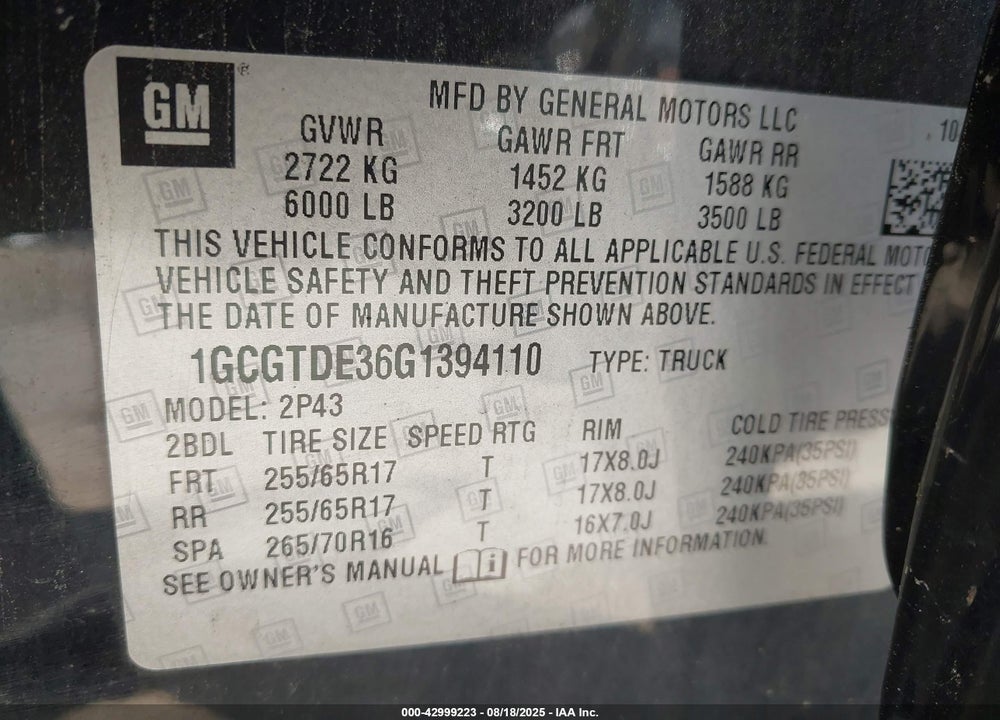 2016 CHEVROLET COLORADO VIN: 1GCGTDE36G1394110
