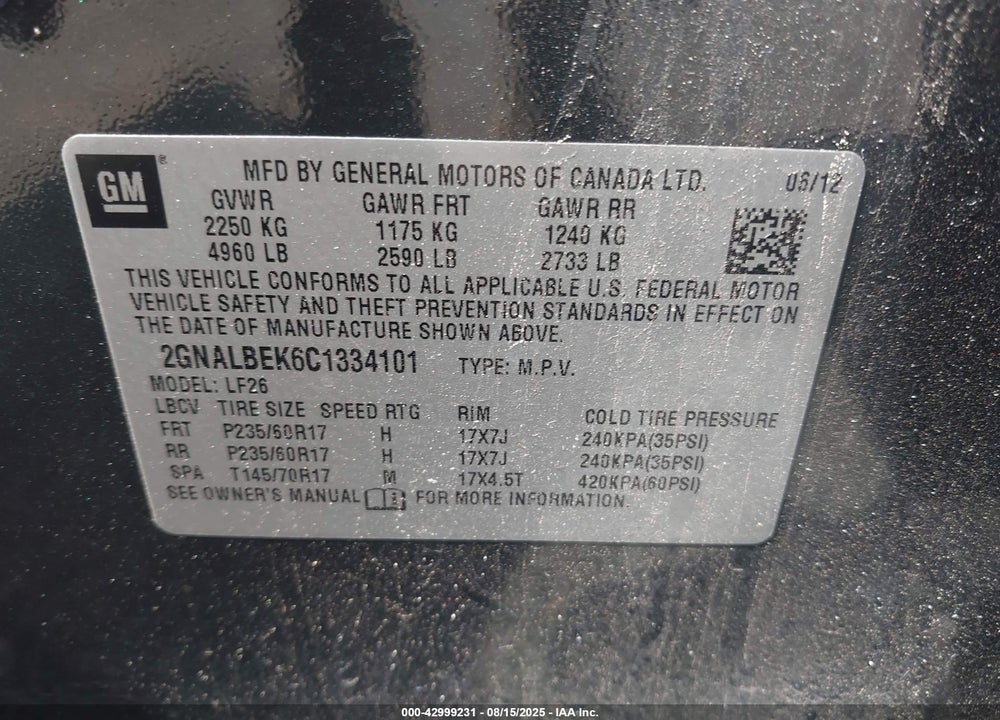 2012 CHEVROLET EQUINOX VIN: 2GNALBEK6C1334101