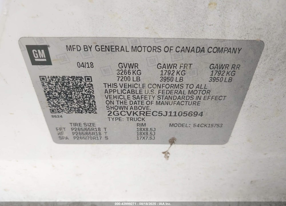 2018 CHEVROLET SILVERADO 1500 VIN: 2GCVKREC5J1105694