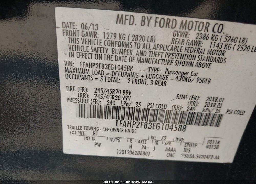 2014 FORD TAURUS VIN: 1FAHP2F83EG104588