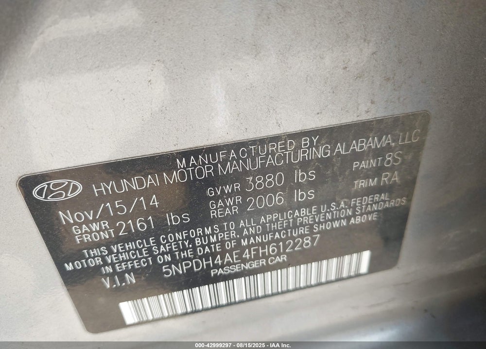 2015 HYUNDAI ELANTRA VIN: 5NPDH4AE4FH612287