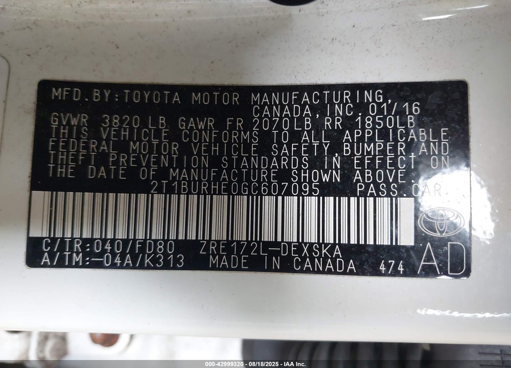 2016 TOYOTA COROLLA VIN: 2T1BURHE0GC607095