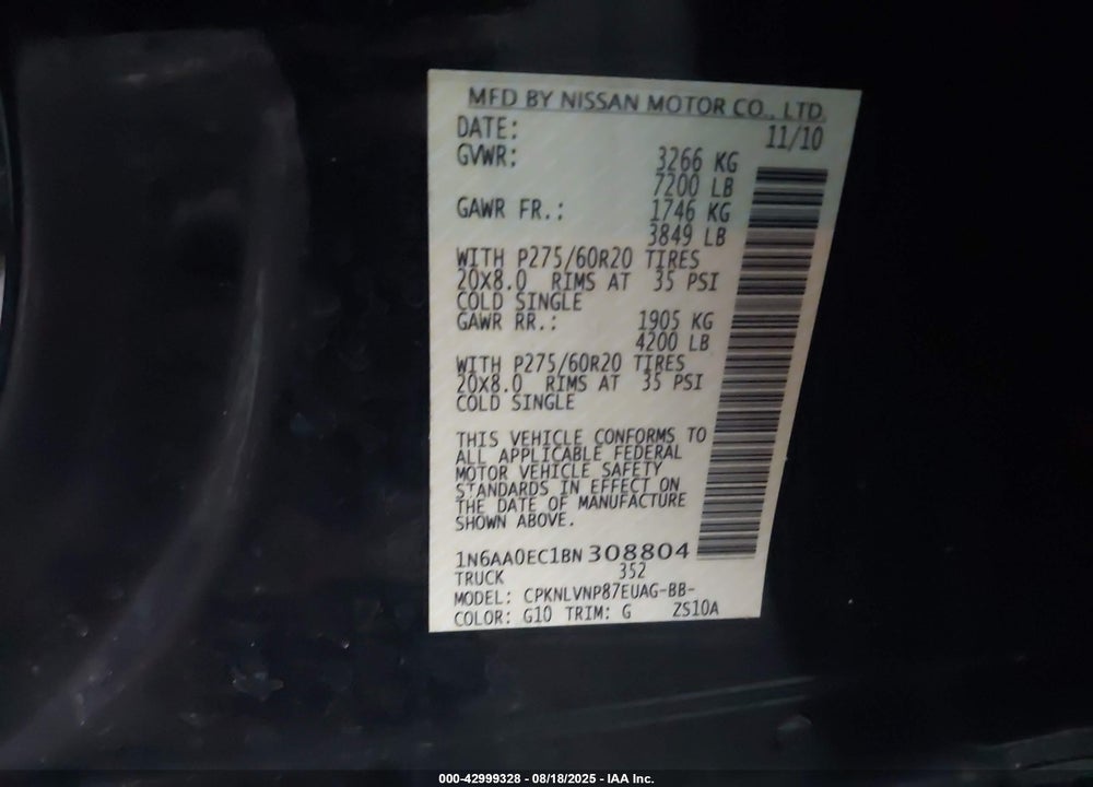 2011 NISSAN TITAN VIN: 1N6AA0EC1BN308804