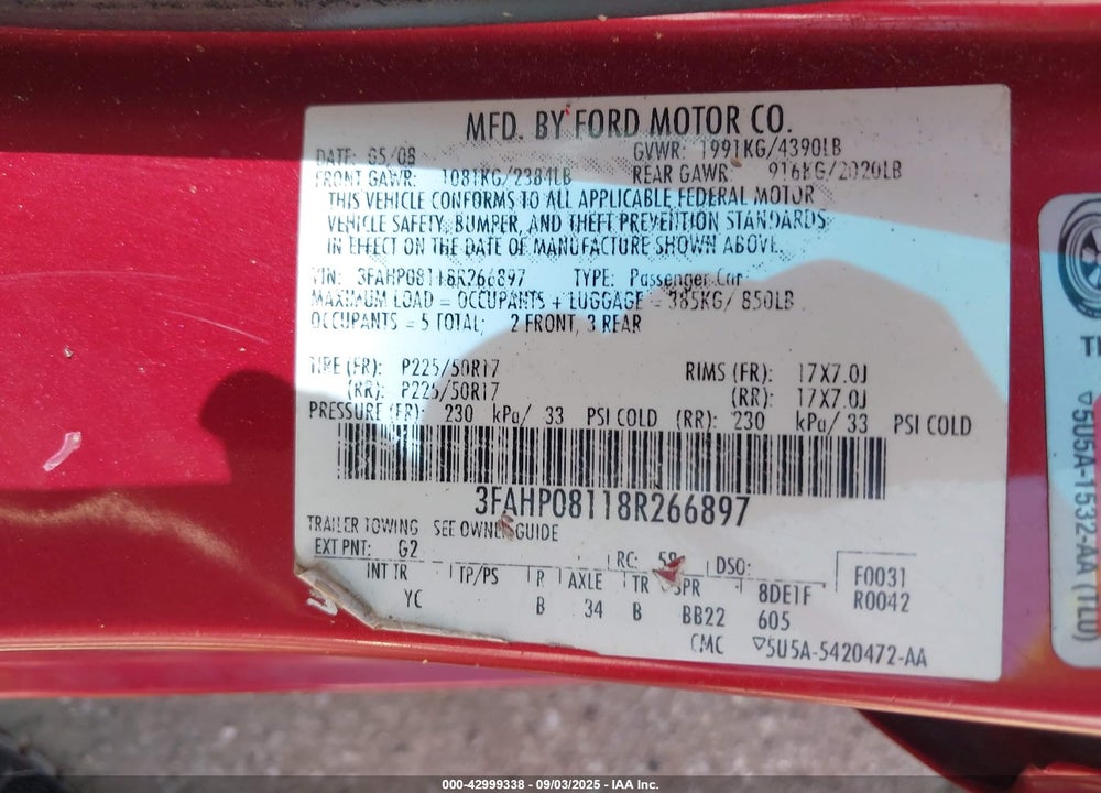 2008 FORD FUSION SEL VIN: 3FAHP08118R266897