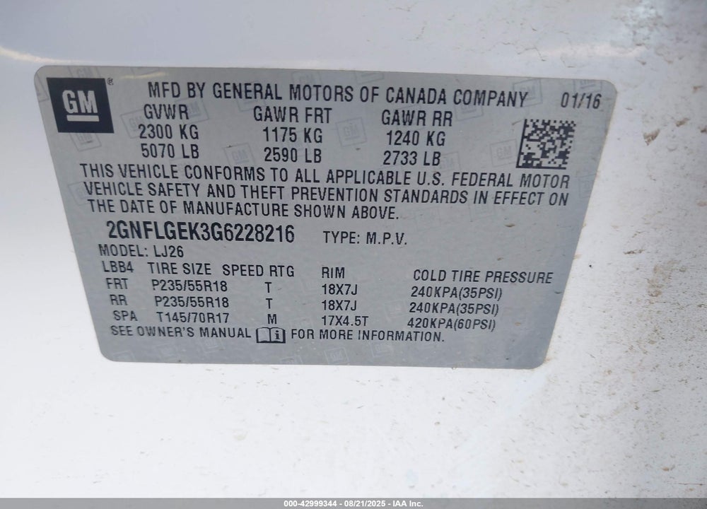 2016 CHEVROLET EQUINOX VIN: 2GNFLGEK3G6228216