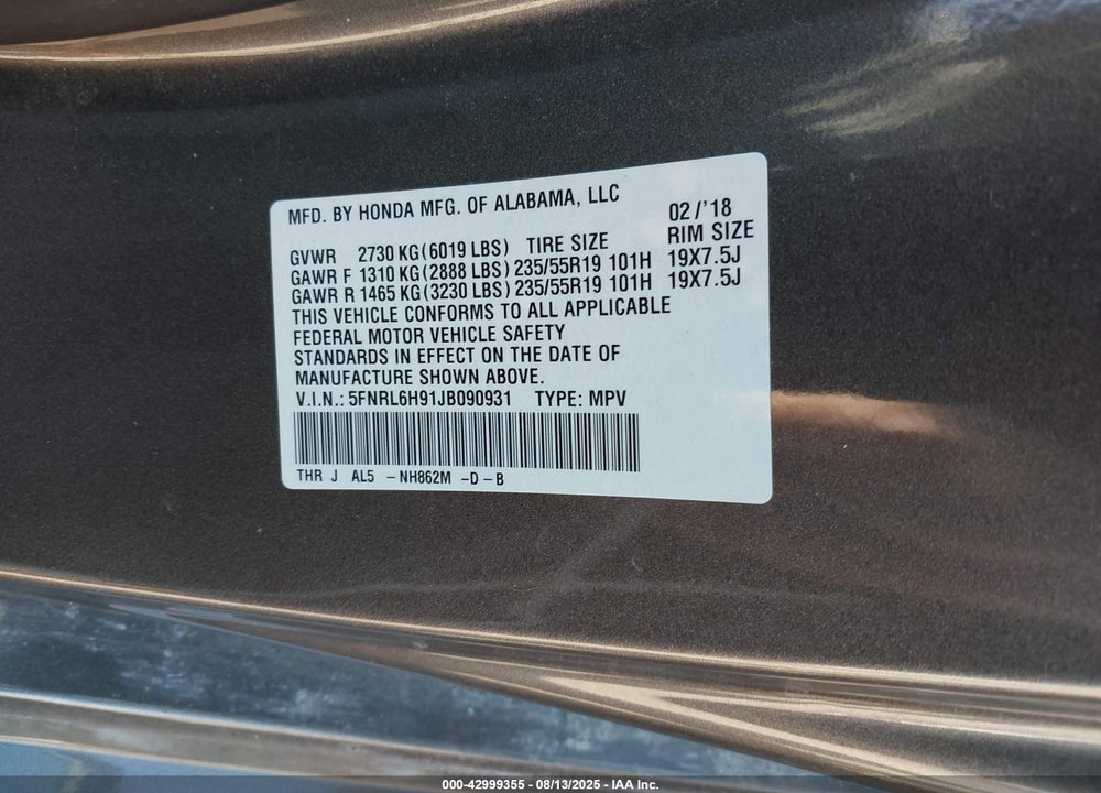 2018 HONDA ODYSSEY ELITE VIN: 5FNRL6H91JB090931