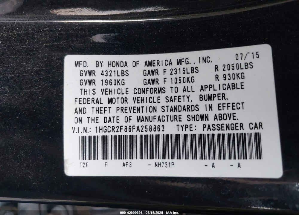 2015 HONDA ACCORD VIN: 1HGCR2F86FA258863