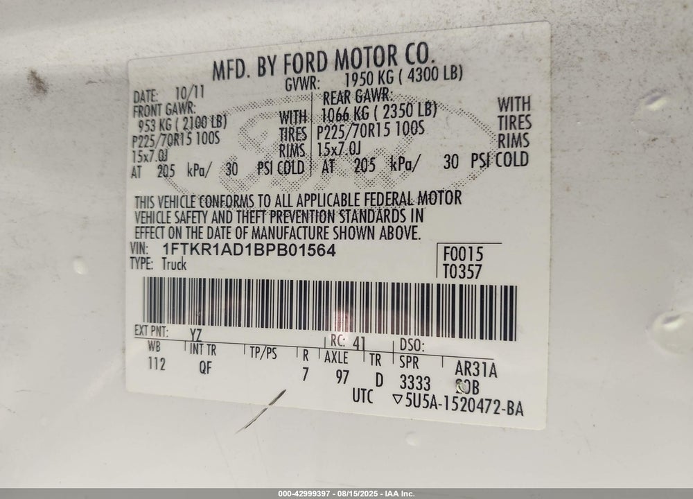 2011 FORD RANGER VIN: 1FTKR1AD1BPB01564