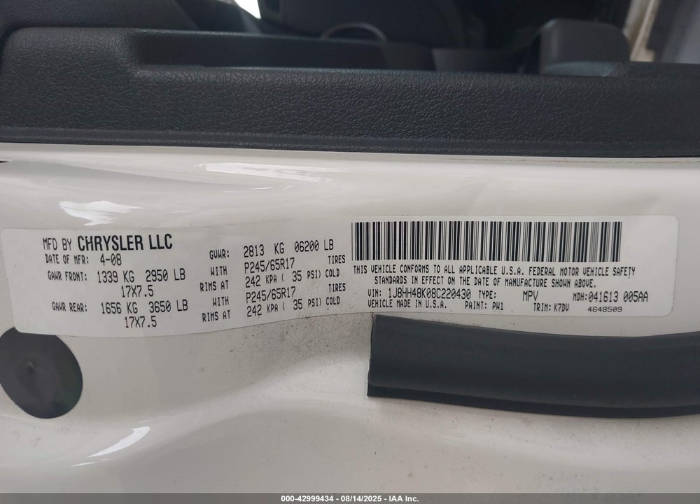 2008 JEEP COMMANDER SPORT VIN: 1J8HH48K08C220430