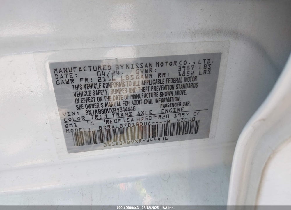 2024 NISSAN SENTRA S XTRONIC CVT VIN: 3N1AB8BVXRY344446