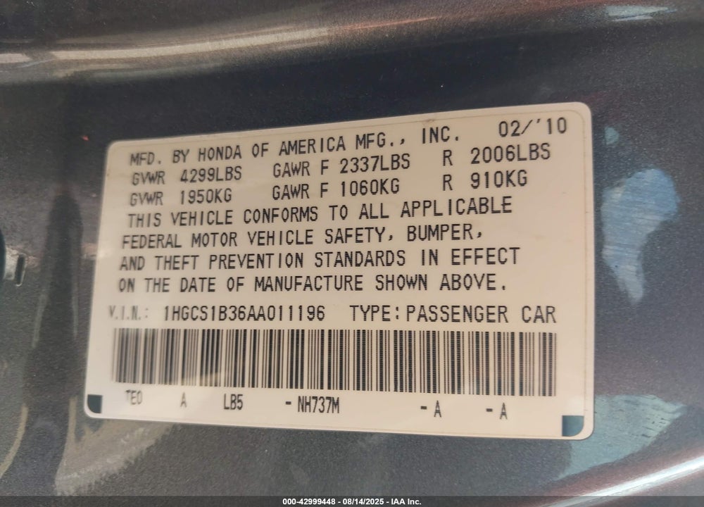 2010 HONDA ACCORD 2.4 LX-S VIN: 1HGCS1B36AA011196