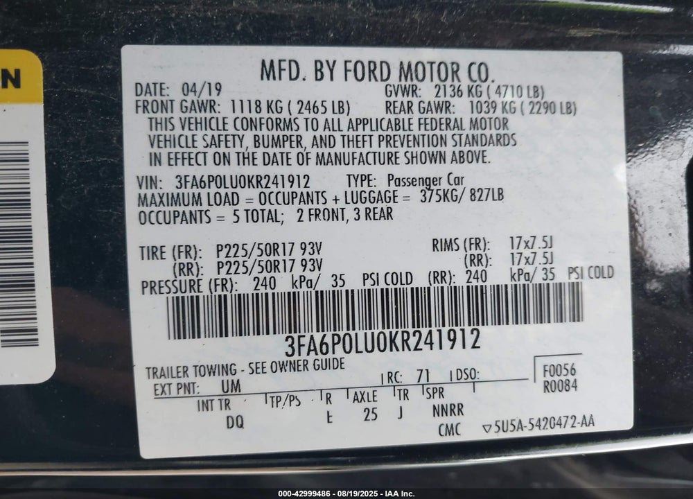 2019 FORD FUSION HYBRID SE VIN: 3FA6P0LU0KR241912